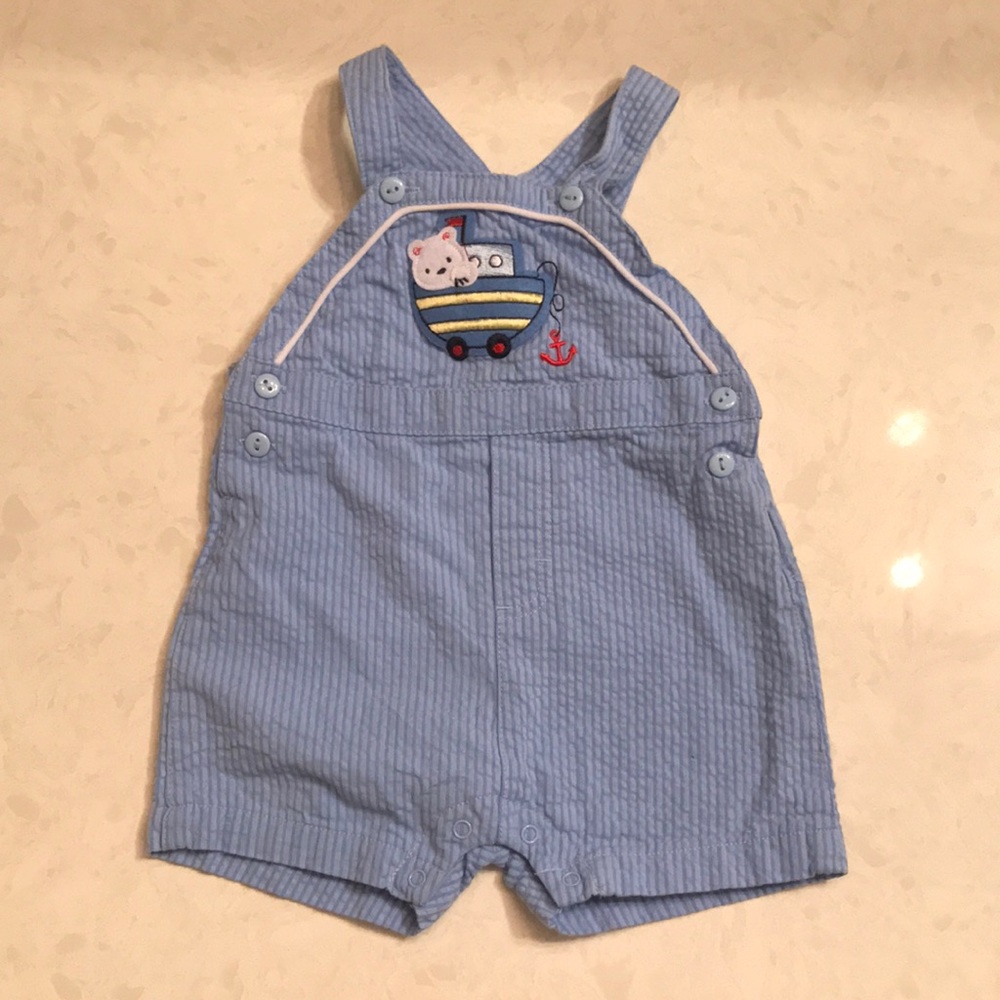 Little Wonders Bear in Boat Seersucker Shortalls 0-3 Months Nautical